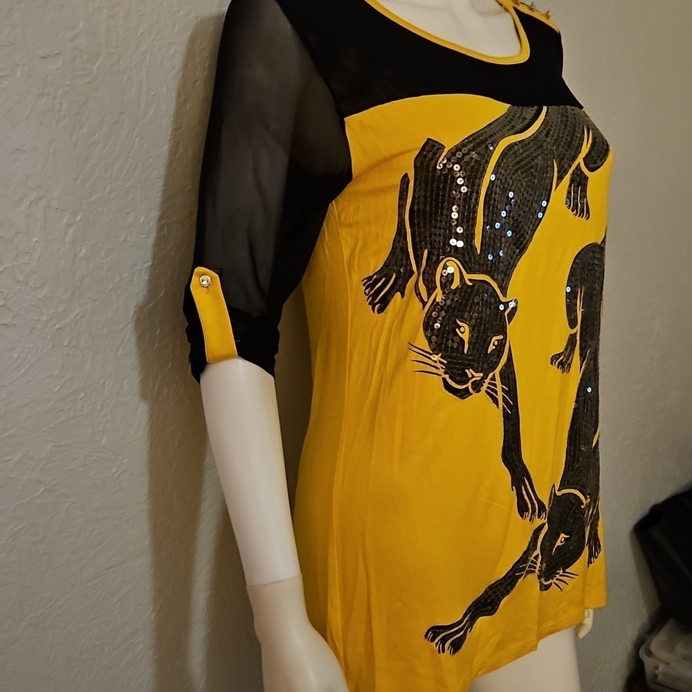 Vtg SHARIF 1827 Couture Yellow Sequin Panther Design Mesh Top - Picture 7 of 12
